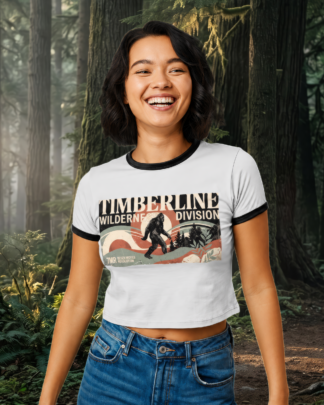 Timberline Wilderness Division Women's Ringer Tee – Vintage Bigfoot Outdoor Graphic Shirt